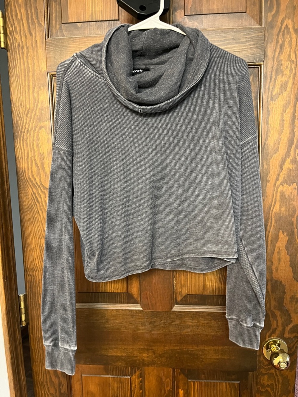 Mono B Charcoal Gray Cropped Waffle Cowl Neck Pullover